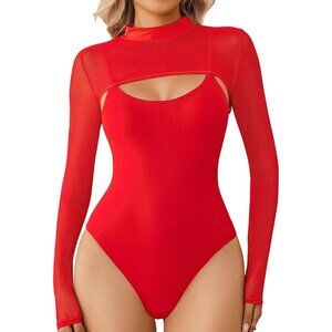 Women's Red Turtle Neck Long Sleeve Two Piece Cami Shapewear Bodysuit Tops